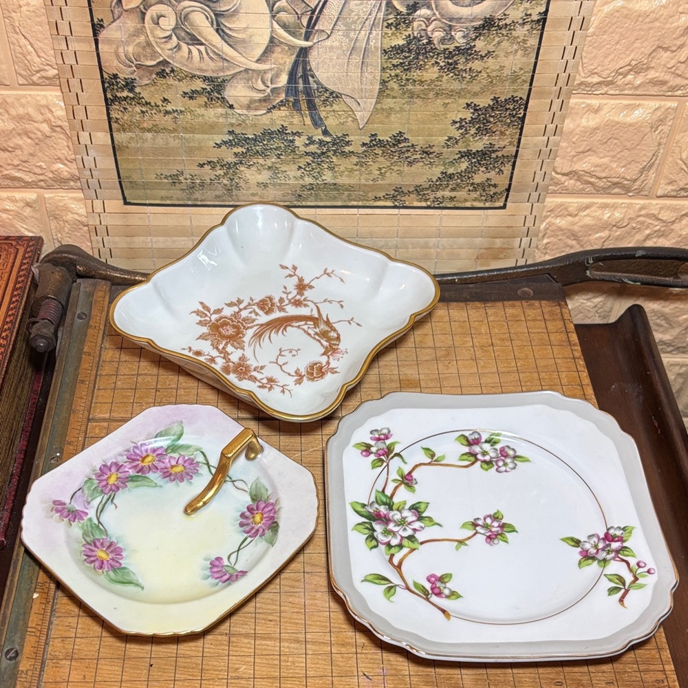 Limoges France Gold Red Fowl Flowers Foliage, Floral Nappy, Square Japan Saucer
